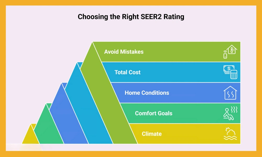 Choosing the right SEER2 rating infographic highlighting climate, comfort goals, home conditions, total cost, and avoiding mistakes.