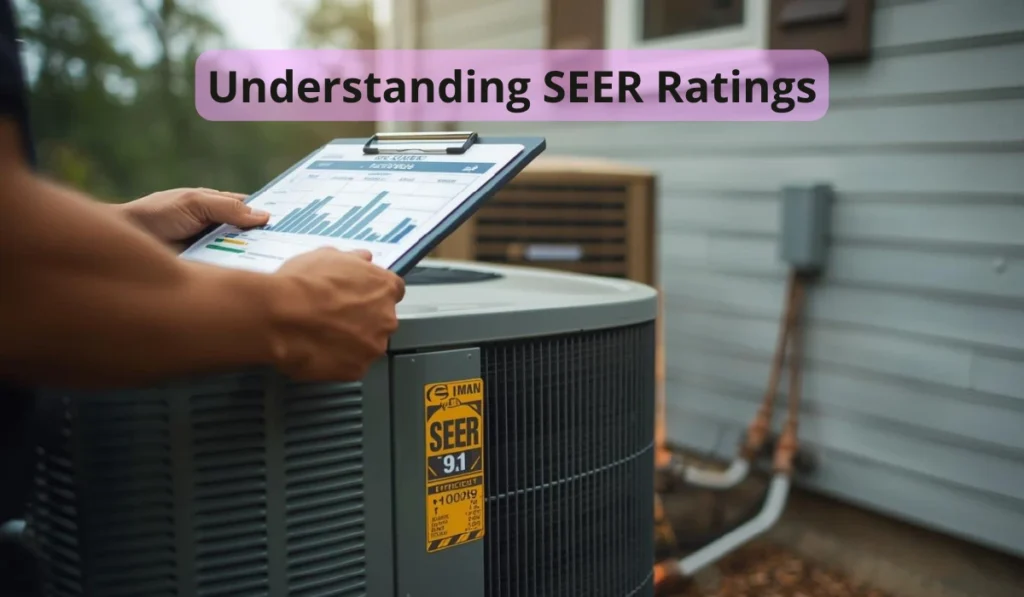 Understanding SEER ratings with HVAC technician reviewing efficiency report on clipboard beside outdoor AC condenser.