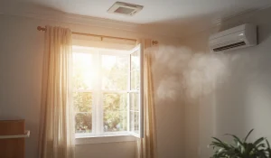 Open window near a wall-mounted AC unit showing how outside heat and humidity make cooling less efficient.