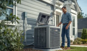 Homeowner inspecting a noisy outdoor air conditioner condenser beside a house to diagnose AC noise problems.