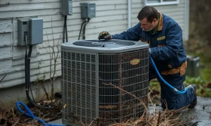 Effects of storms and power outages on AC as a technician services an outdoor condenser