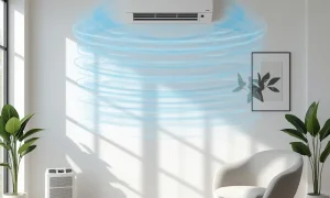 Wall-mounted AC circulating air in a bright room to illustrate indoor air quality