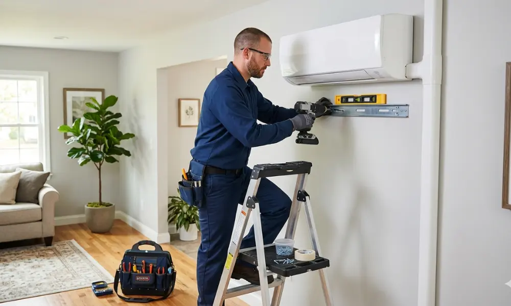 A technician installs a single zone mini split air conditioning unit on a wall, using tools and equipment for the setup.