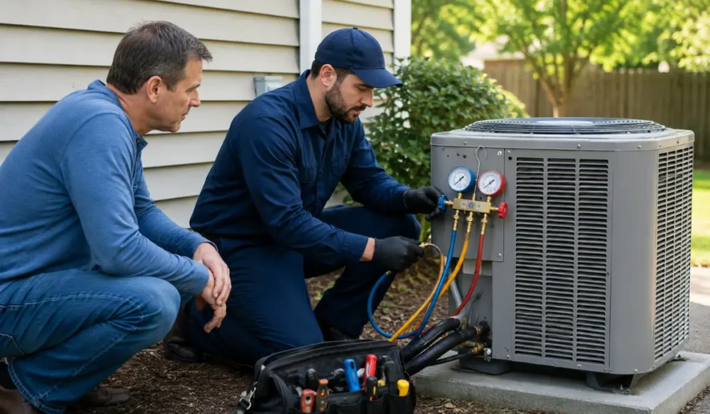HVAC technician checking AC refrigerant pressure while homeowner watches