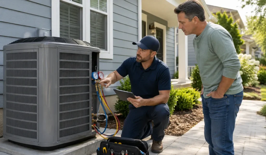 HVAC technician explaining AC refrigerant pressure readings to a homeowner