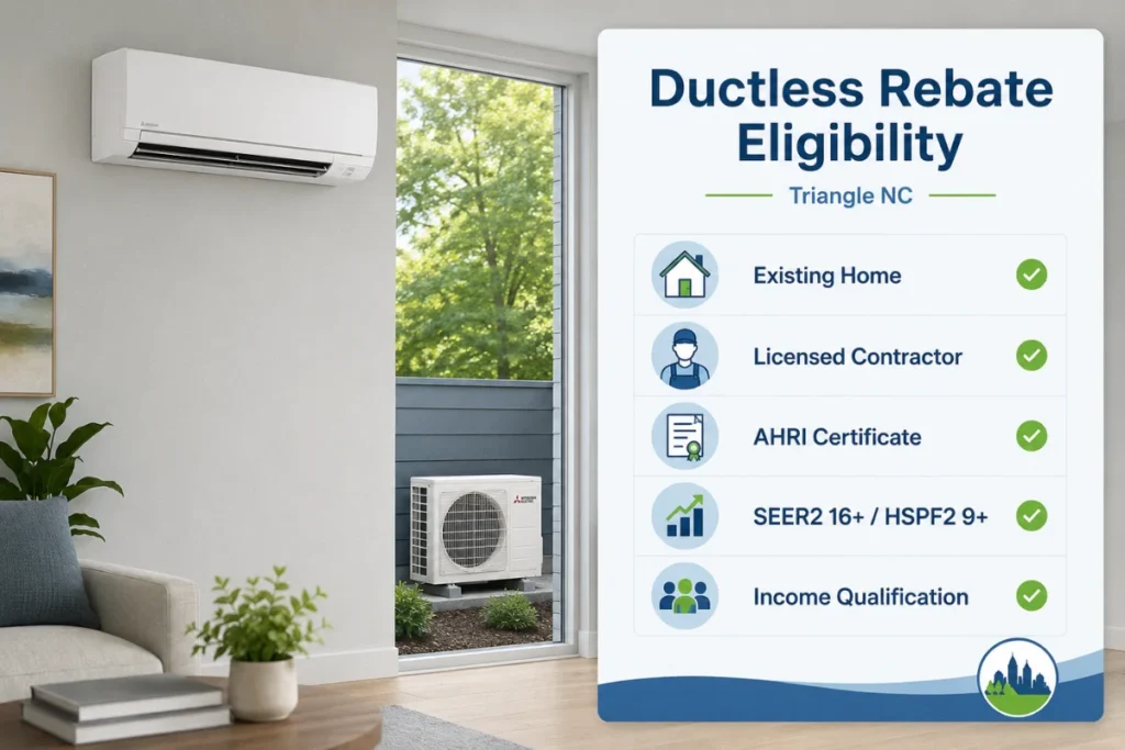 Ductless rebate eligibility checklist beside indoor and outdoor mini split units