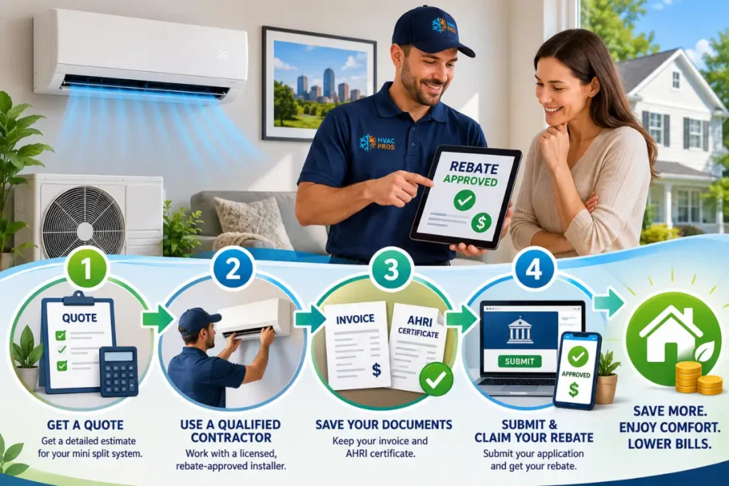 Infographic showing the mini-split rebate application process from quote to claim