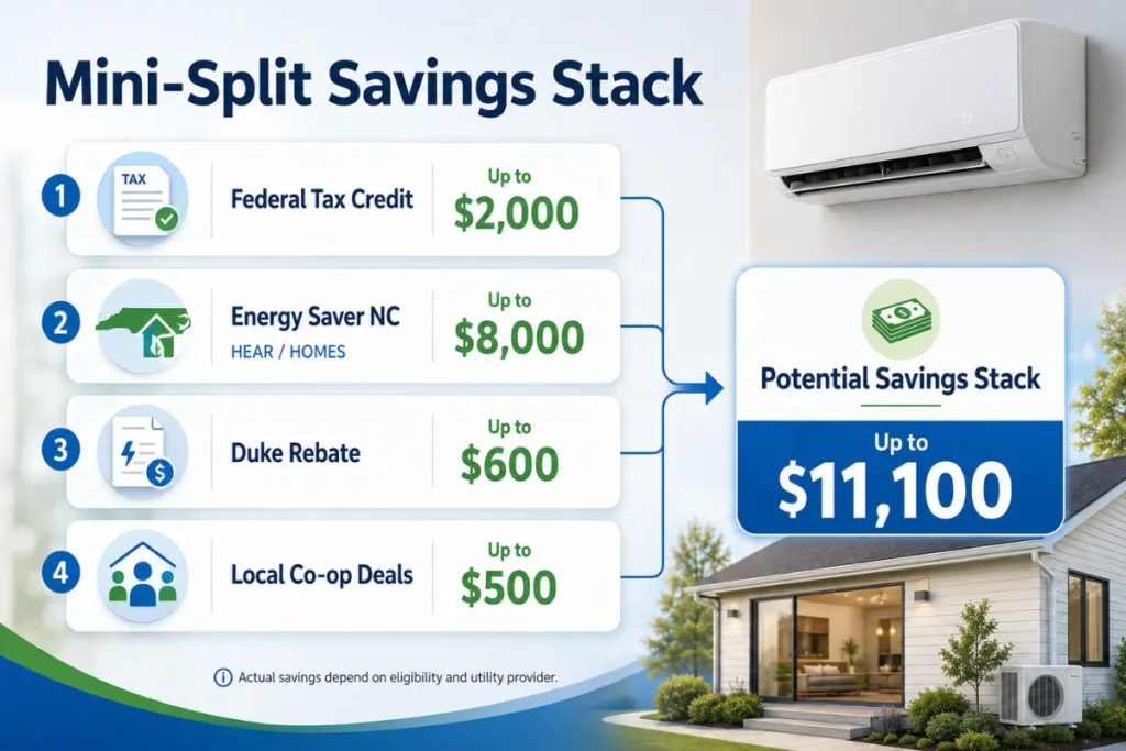 Infographic showing mini-split rebate savings stack with tax credit, Energy Saver NC, Duke, and co-op deals