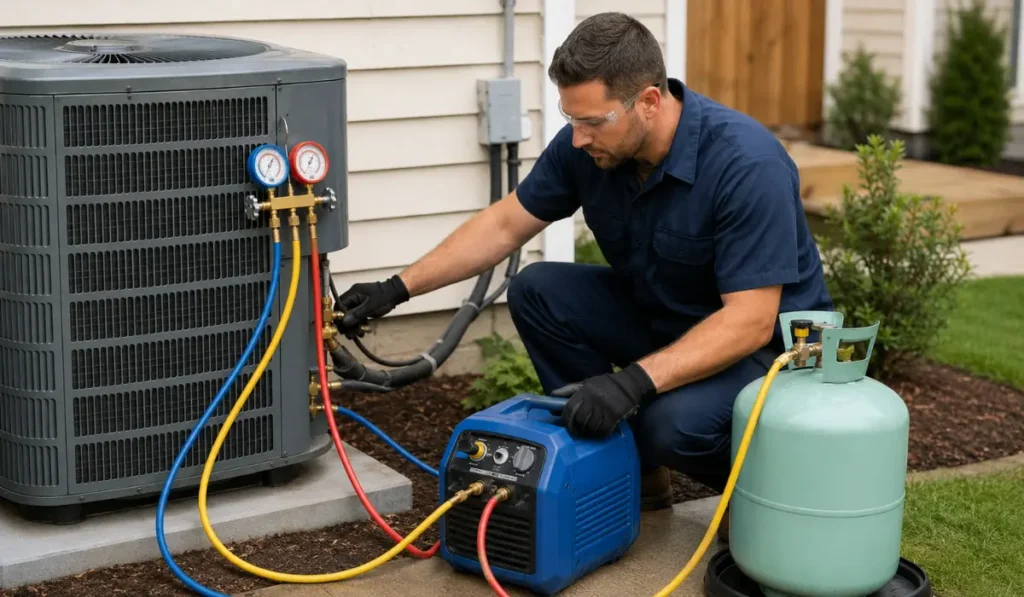 Technician recovering refrigerant from an outdoor AC unit with service equipment