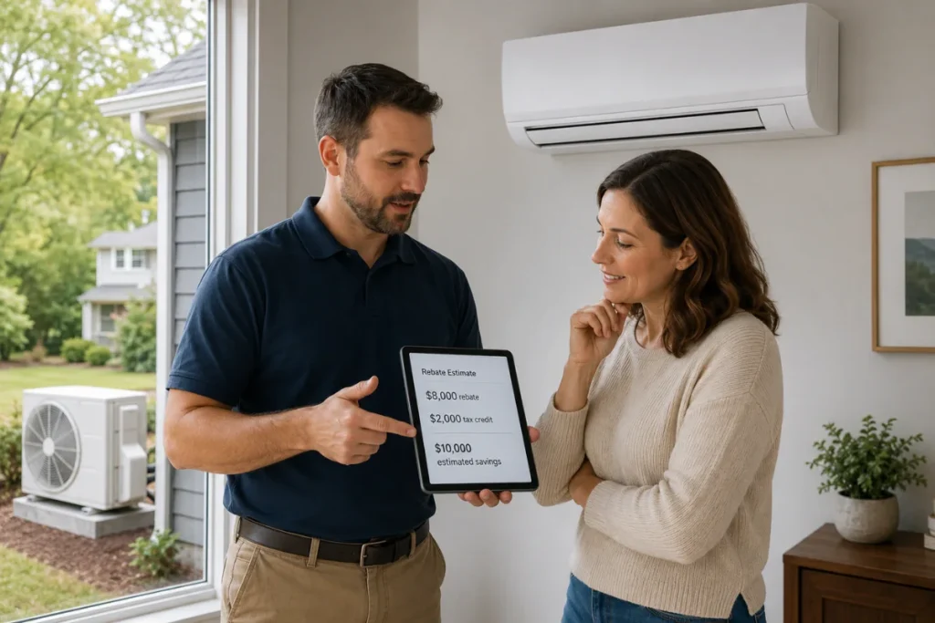 Technician explaining ductless mini split rebate savings to a homeowner