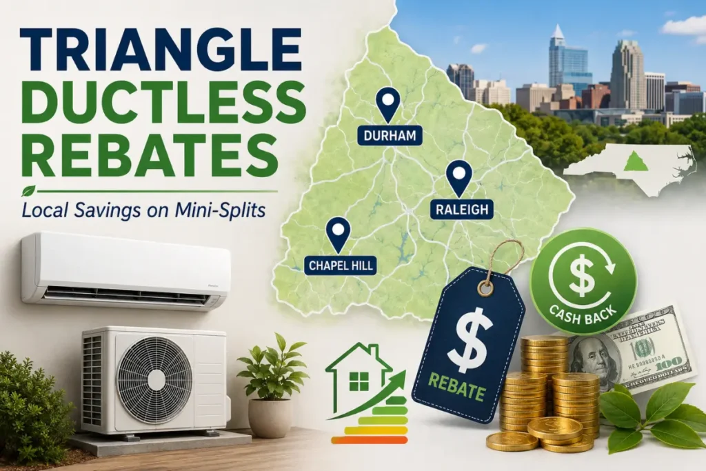 Triangle ductless mini-split rebate map with Raleigh, Durham, and Chapel Hill savings
