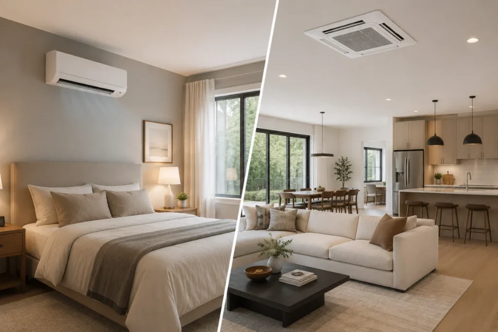 Wall-mounted mini-split in bedroom and ceiling cassette AC in open living room