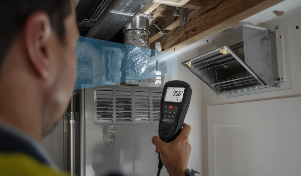 HVAC technician measuring airflow and duct pressure near a residential furnace system to diagnose system strain.