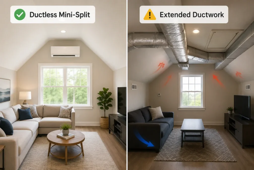 Ductless mini-split and extended ductwork compared in a bonus room for comfort and airflow