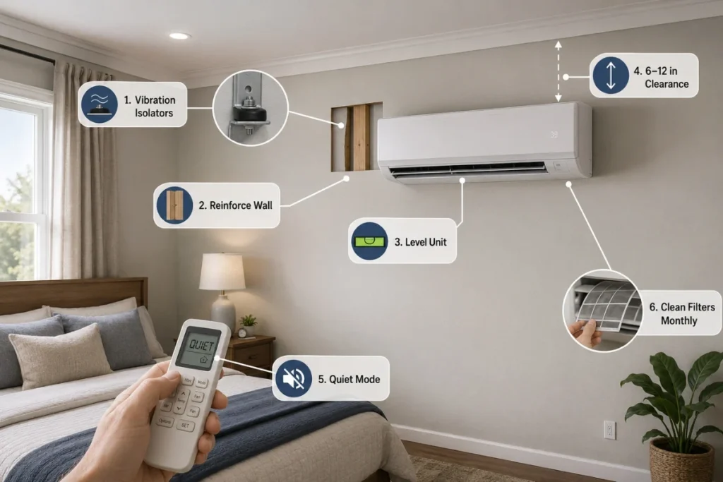 Bedroom mini-split noise reduction guide showing clearance, wall support, leveling, quiet mode, and filter care