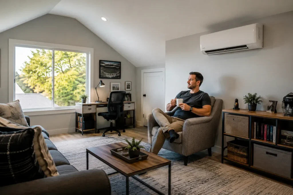 Homeowner relaxing in a finished bonus room with a ductless mini-split for comfort