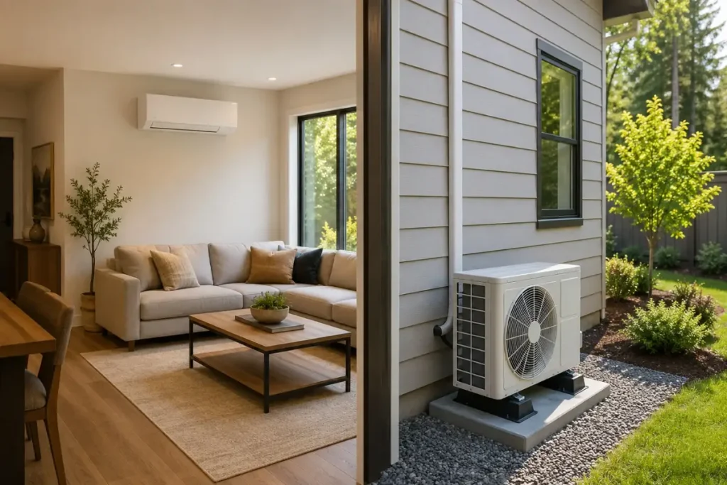 Mini-split indoor unit and outdoor condenser positioned to reduce HVAC noise in a modern home