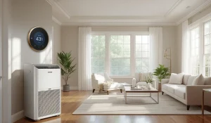Dehumidifier in a bright living room with a smart humidity display showing ideal indoor humidity settings.