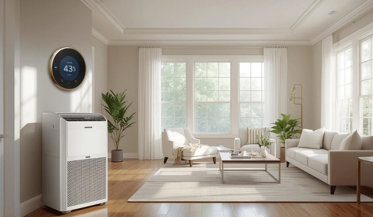 Dehumidifier in a bright living room with a smart humidity display showing ideal indoor humidity settings.
