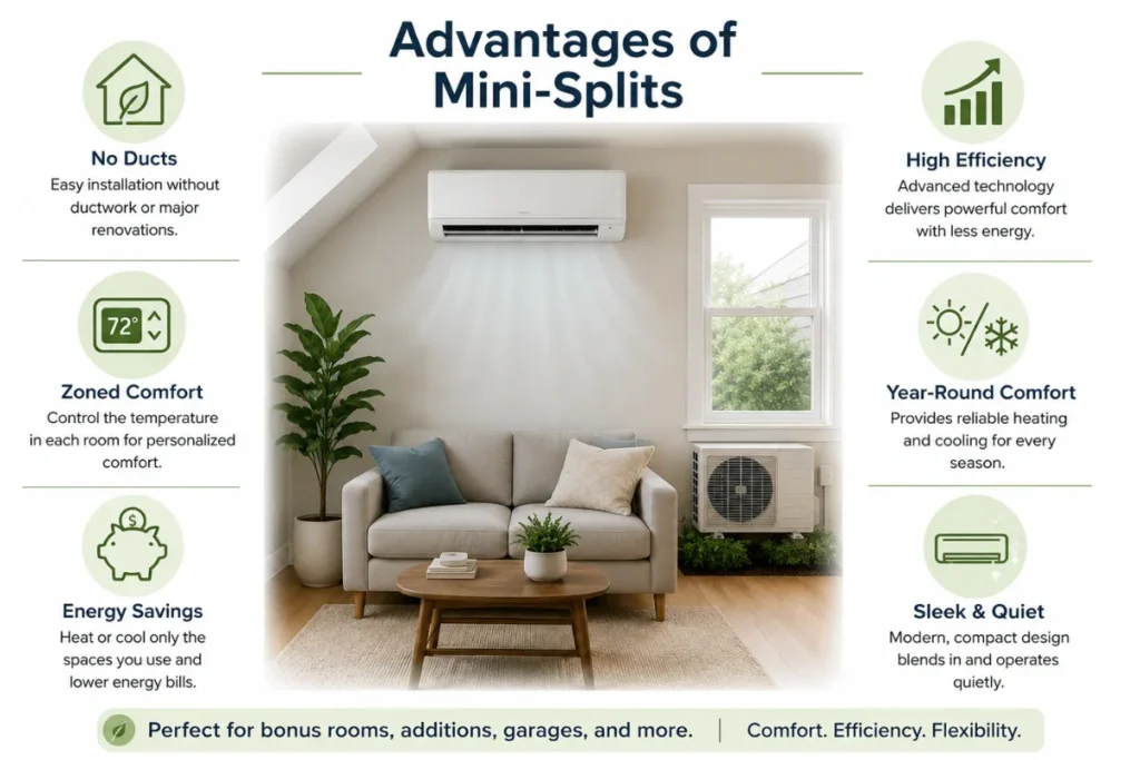 Infographic showing mini-split benefits, including no ducts, zoned comfort, savings, and quiet operation