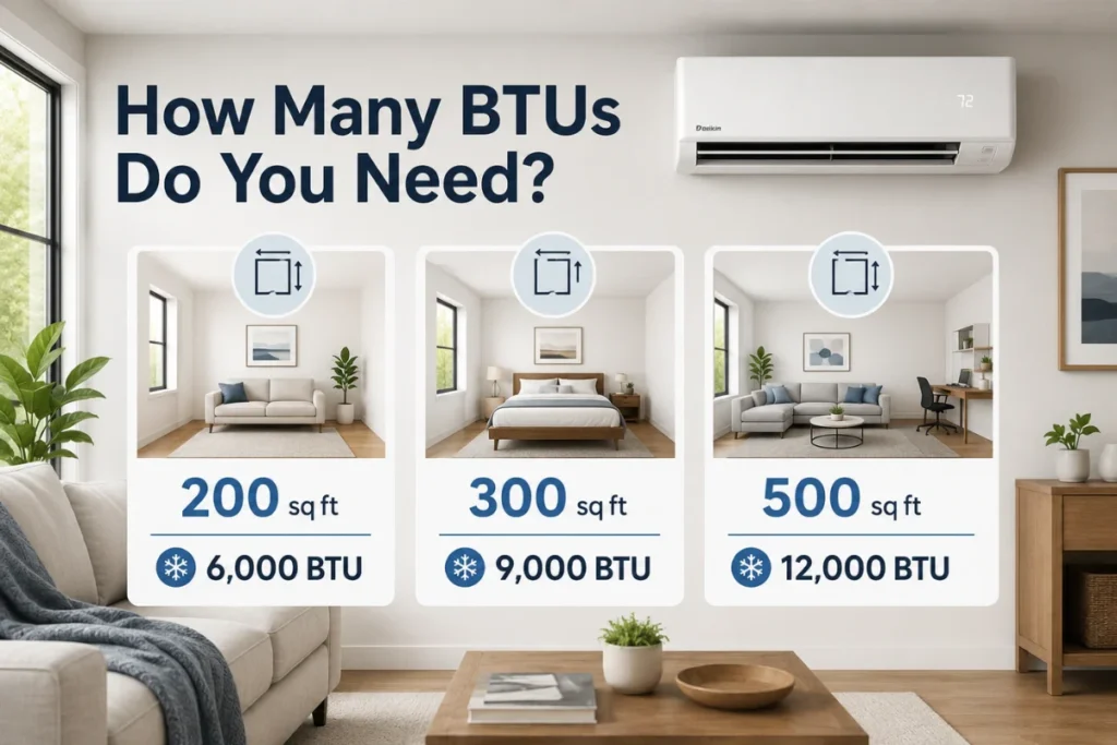Mini-split BTU sizing chart showing 6,000, 9,000, and 12,000 BTU options for small rooms
