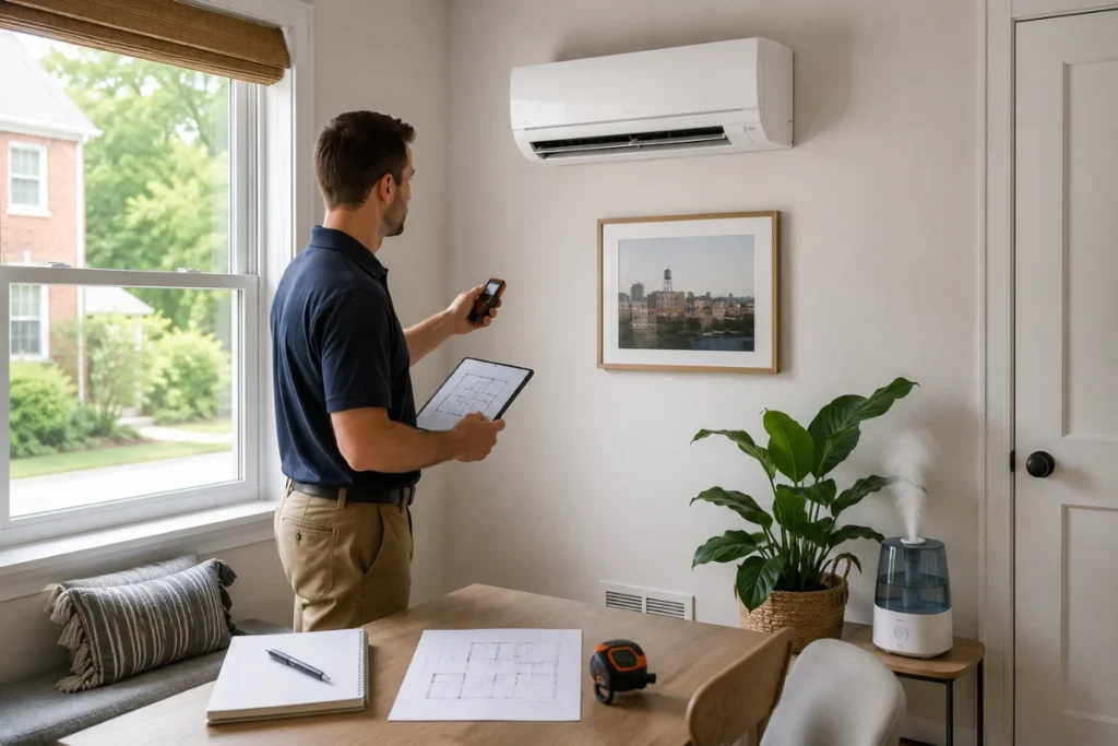 Technician checking a wall-mounted mini-split for a 200–500 sq ft room in Durham