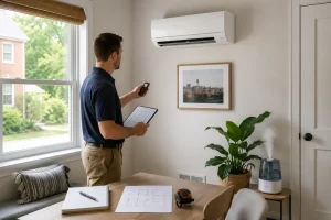 Technician checking a wall-mounted mini-split for a 200–500 sq ft room in Durham