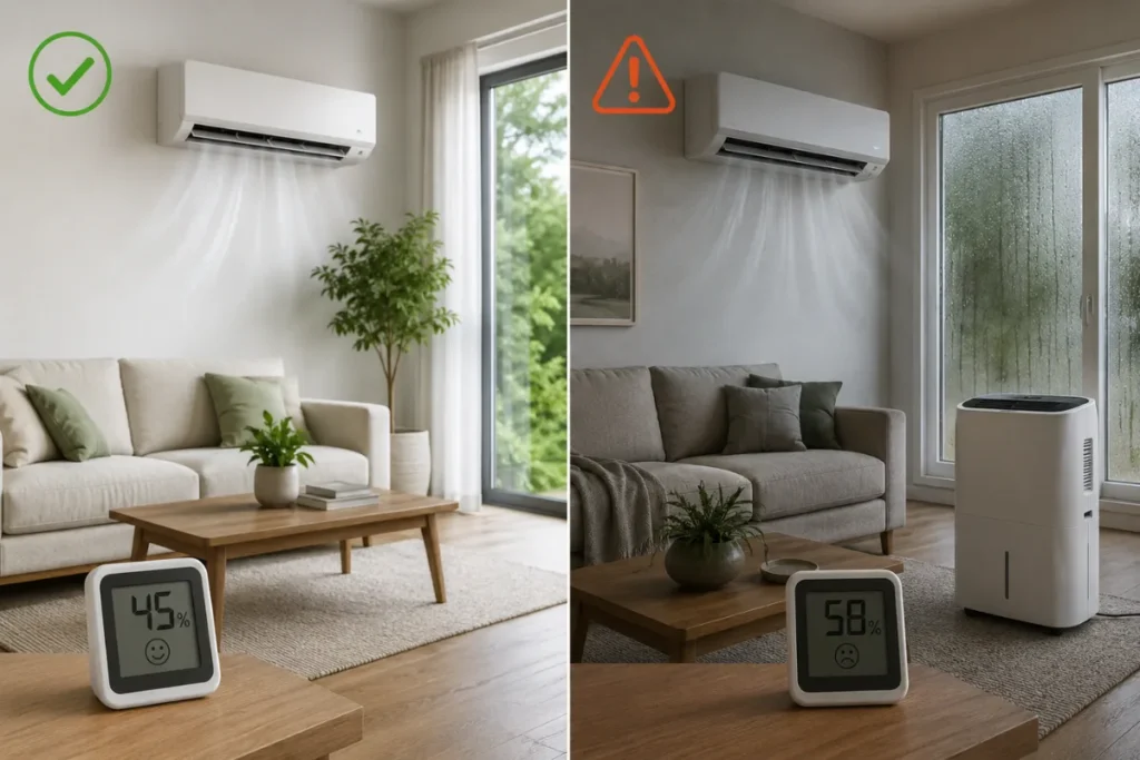 Mini-split and dehumidifier comparison showing 45% and 58% indoor humidity levels