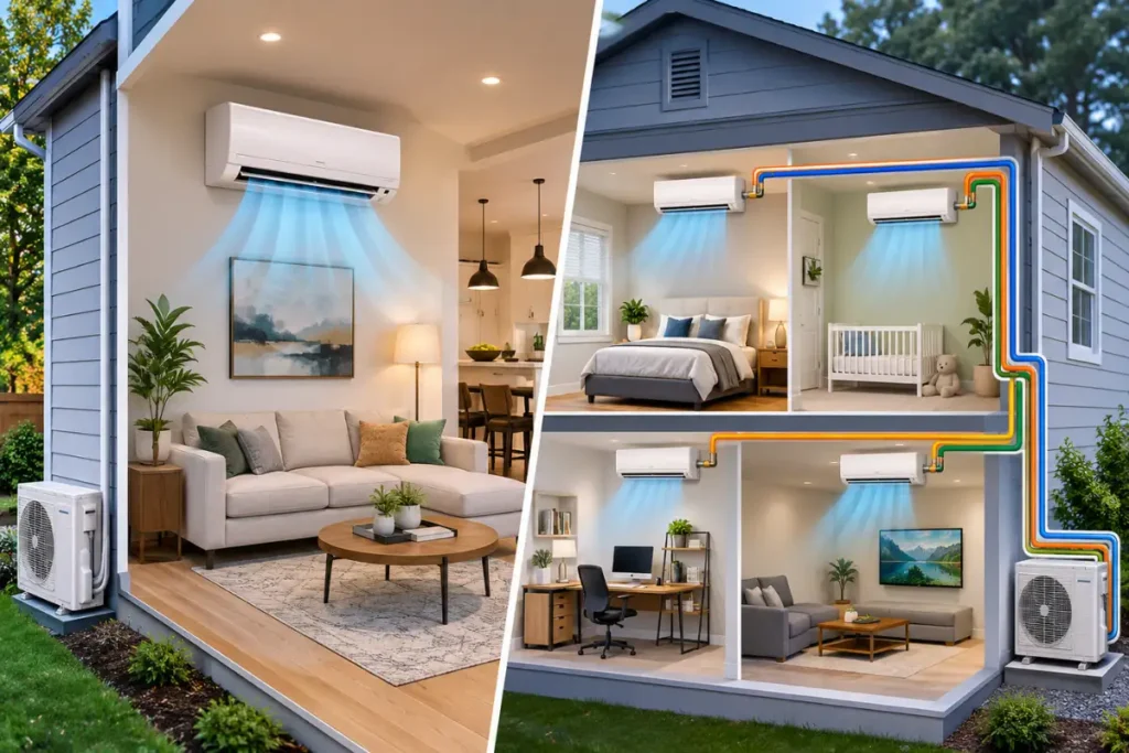 Single-zone and multi-zone mini-split systems shown in a home cutaway with room-by-room cooling