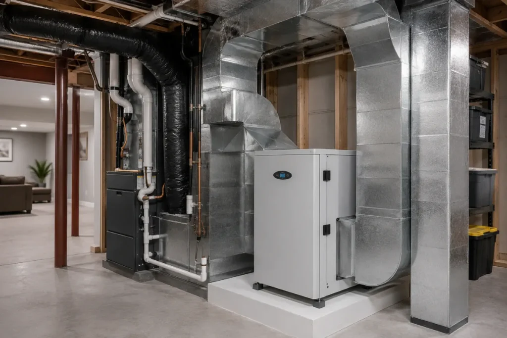 Whole-home dehumidifier connected to HVAC ductwork in a basement