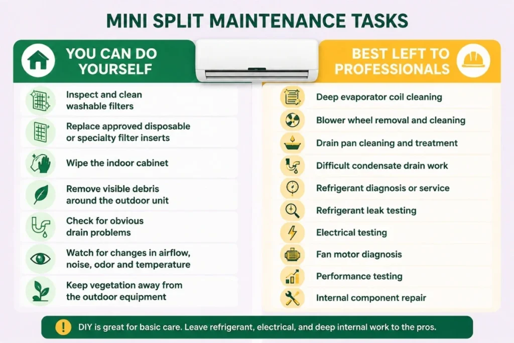 Mini split maintenance tasks infographic comparing DIY care with professional HVAC service