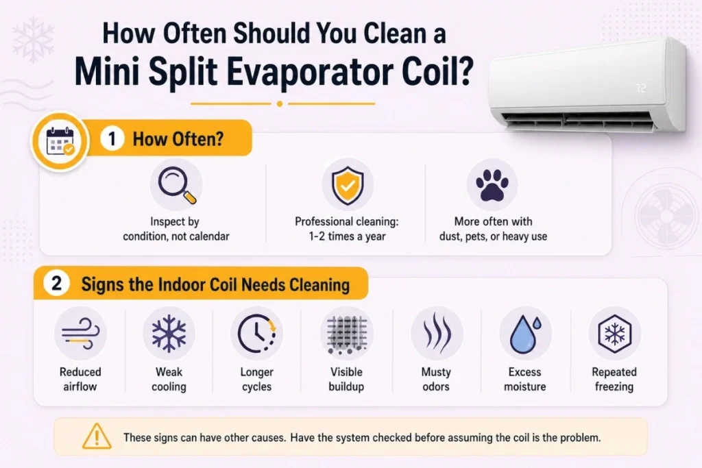 Mini split evaporator coil cleaning guide showing cleaning frequency and signs of dirty indoor coil