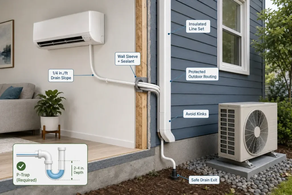 Mini-split line set and drain routing guide showing slope, sealant, insulation, and safe drain exit