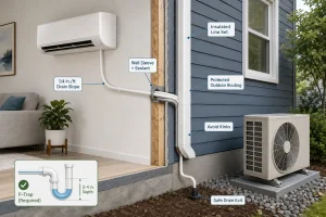 Mini-split line set and drain routing guide showing slope, sealant, insulation, and safe drain exit