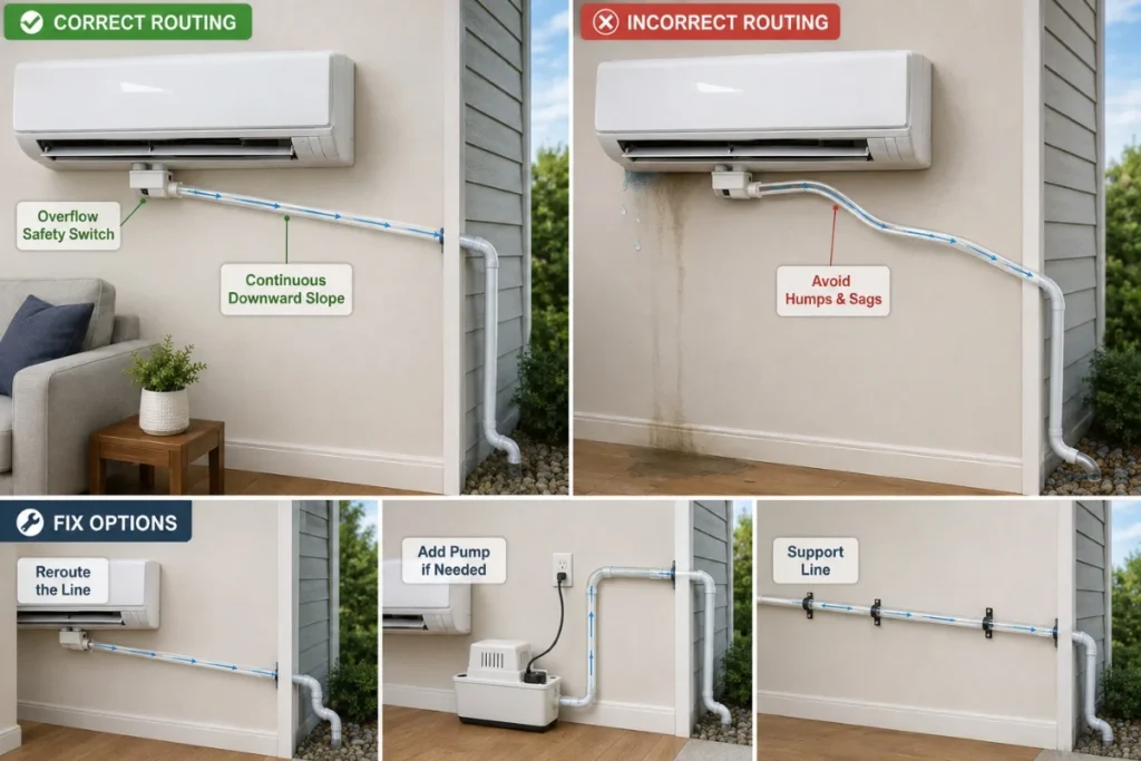 Mini-split drain line guide showing correct slope, overflow switch, and fixes to prevent water damage
