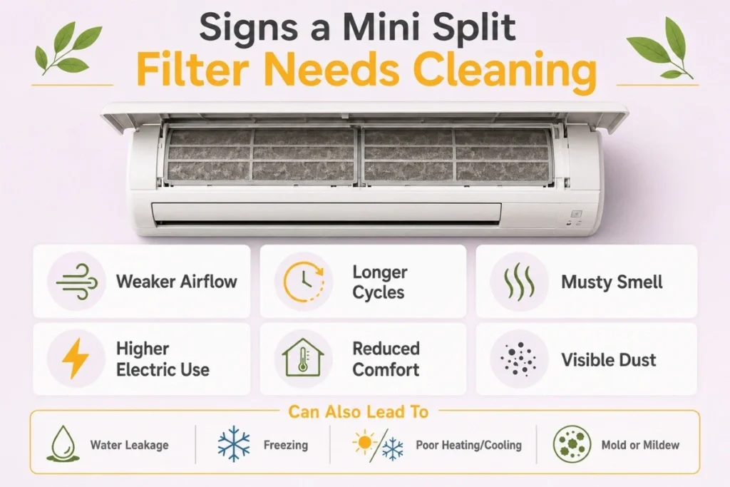 Mini split filter cleaning signs infographic showing weak airflow, musty smell, dust, and higher electric use