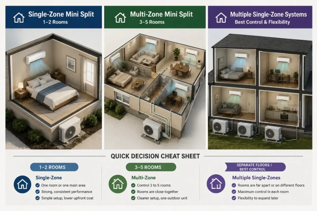 Mini-split comparison showing single-zone, multi-zone, and multiple single-zone layouts