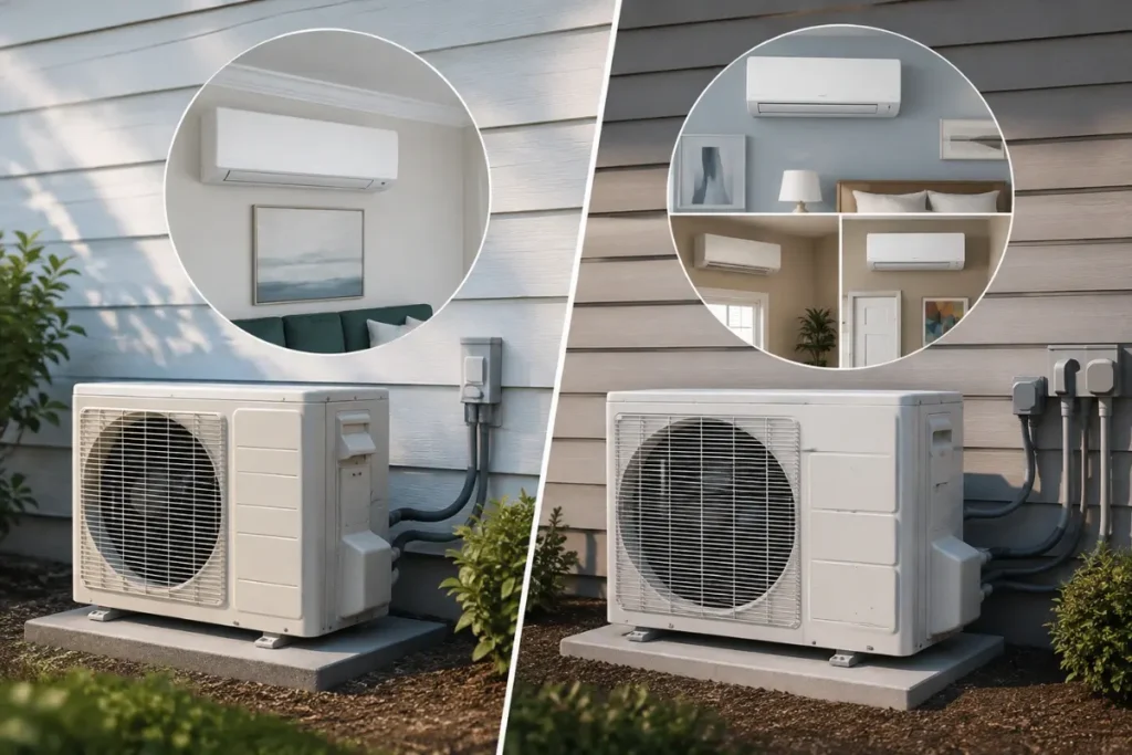 Single-zone vs multi-zone mini-split layout showing one room and multiple room cooling setups