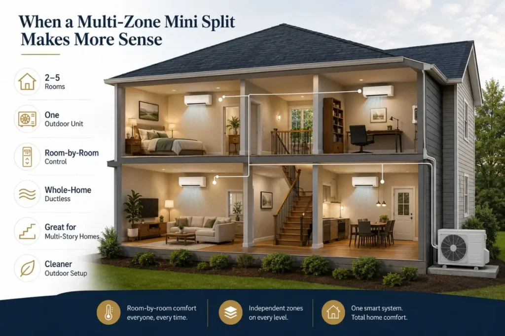 Multi-zone mini-split guide showing one outdoor unit serving multiple rooms with room-by-room control
