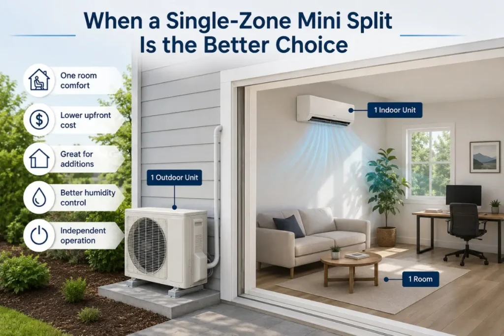 Single-zone mini-split guide showing one outdoor unit serving one indoor room