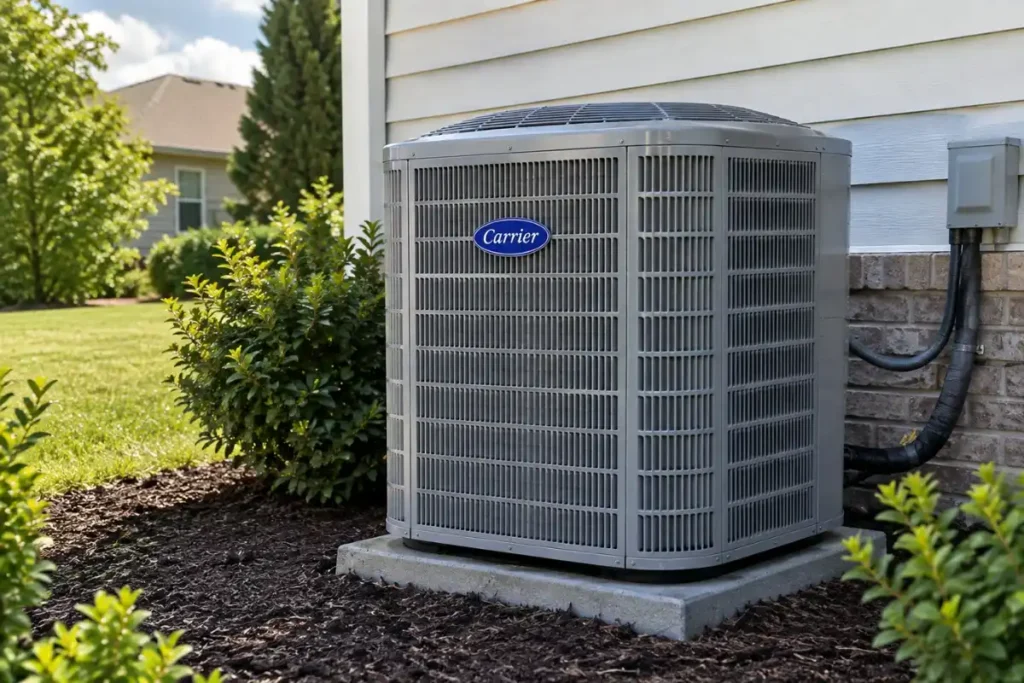 Carrier AC unit outside a Durham NC home for humidity control and cooling comfort