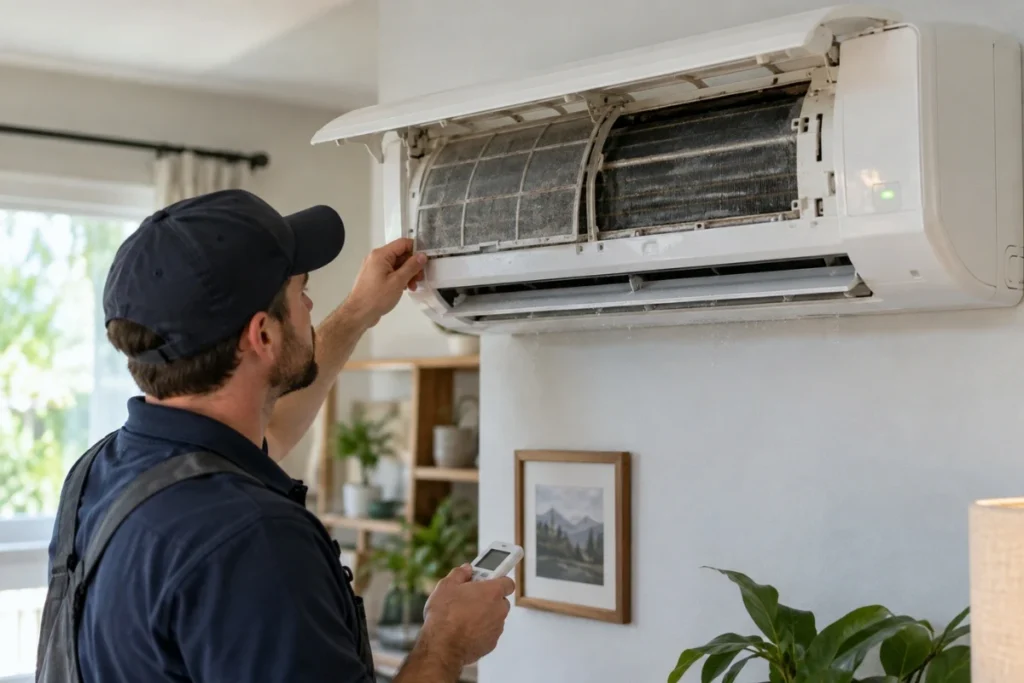 Technician checking dirty ductless mini split filter during maintenance alert service