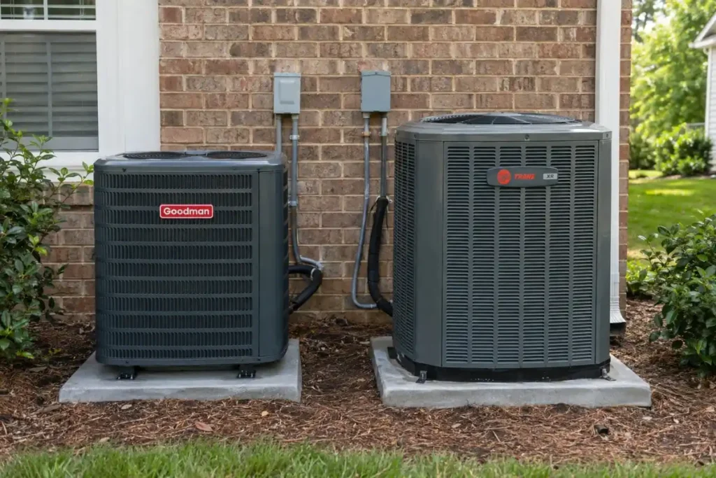 Goodman and Trane outdoor AC units side by side for Durham NC cost comparison