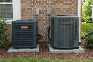 Goodman and Trane outdoor AC units side by side for Durham NC cost comparison
