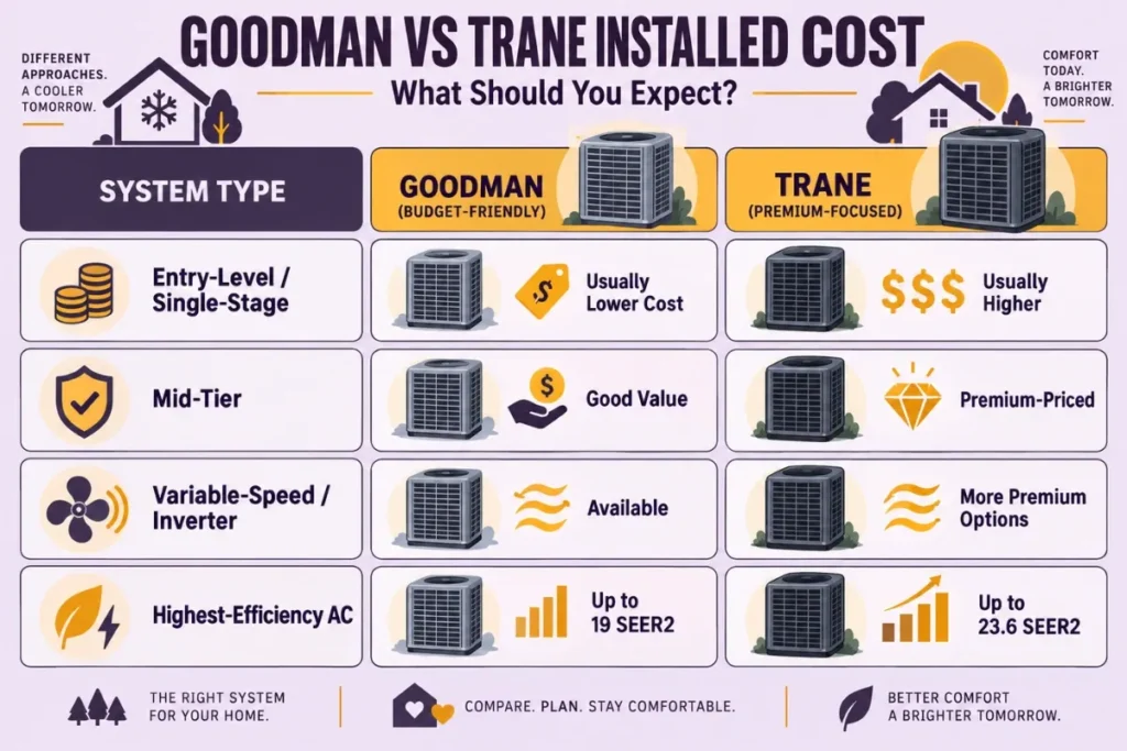 Goodman vs Trane installed cost comparison showing budget friendly and premium AC system options
