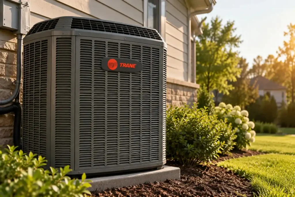 Trane AC unit outside a Durham NC home showing outdoor condenser durability and clean installation