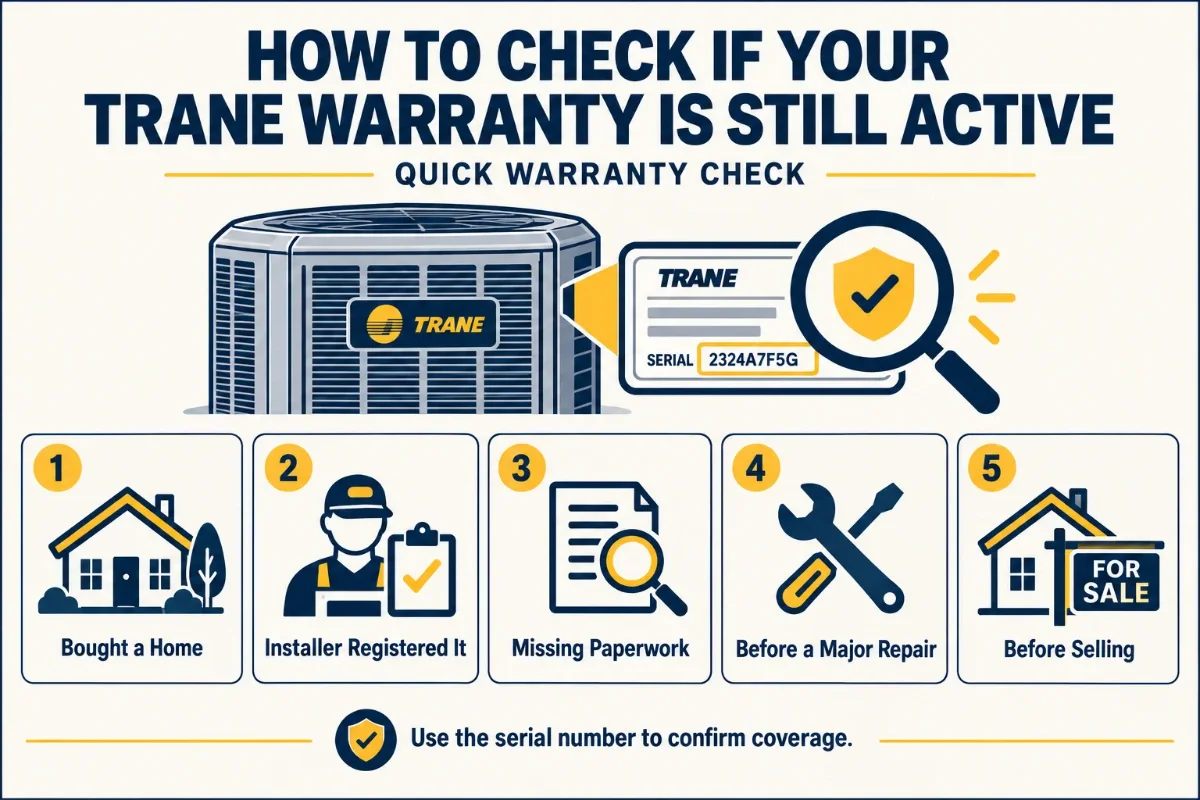 Trane warranty check infographic showing how to confirm active HVAC coverage with a serial number before repair or selling a home