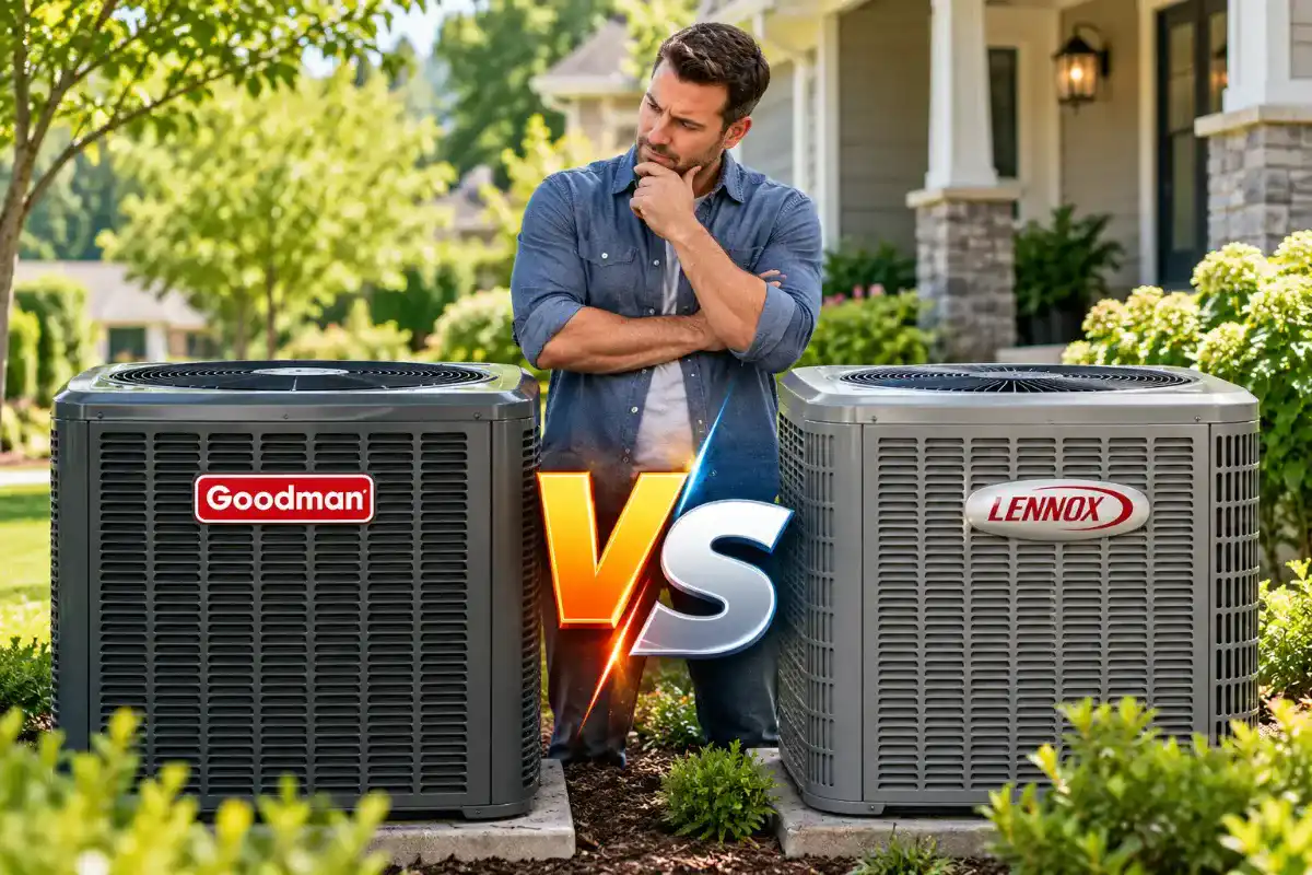 Homeowner comparing Goodman vs Lennox HVAC systems with two outdoor AC units side by side
