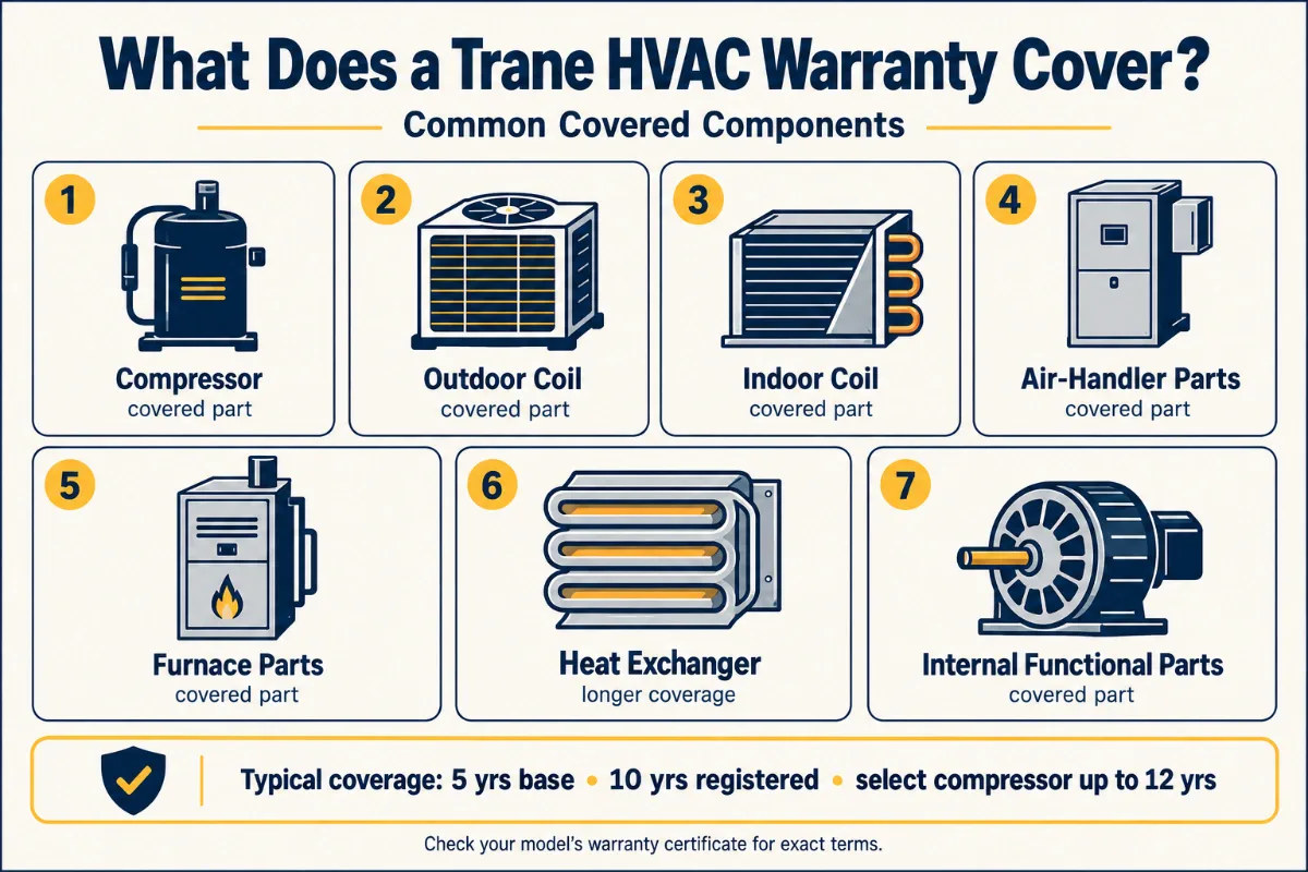 Trane HVAC warranty coverage infographic showing covered components like compressor, coils, air-handler parts, furnace parts, and heat exchanger