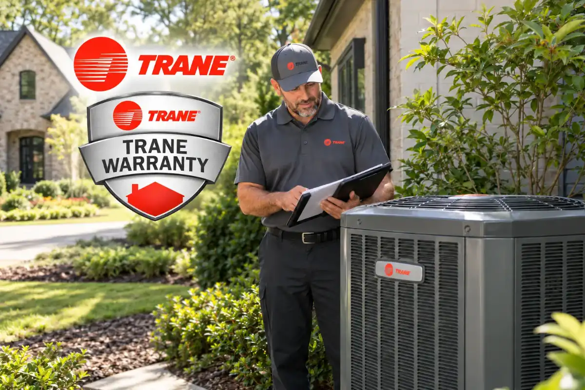 Trane HVAC technician checking warranty coverage on an outdoor AC unit for Durham homeowners